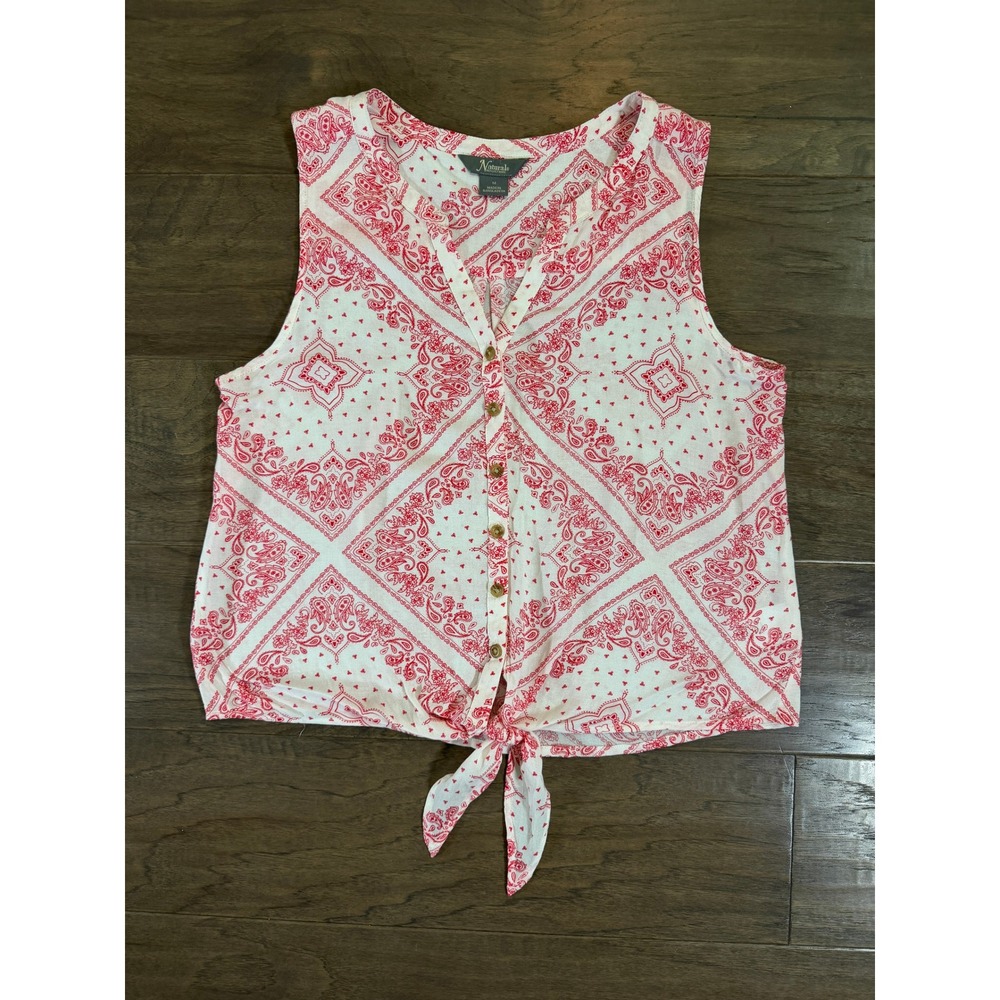 Natural Reflections Womens Red White Paisley‎ Bandana Tie Front Sleeveless Top M